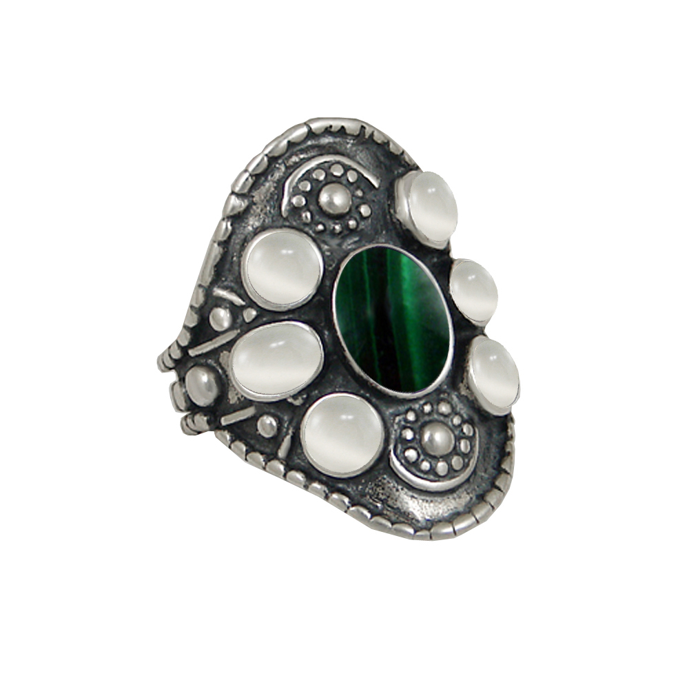 Sterling Silver High Queen's Ring With Malachite And White Moonstone Size 8